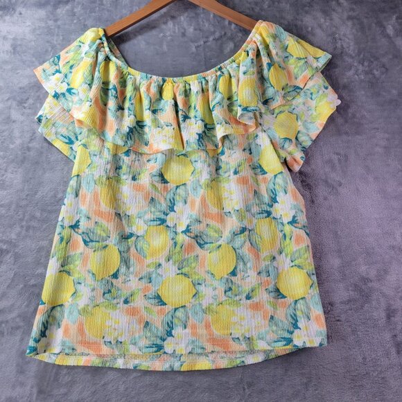 Casio Womens XL Lemon Print Off Shoulder Ruffle Blouse Summer Resort‎ Vacation - Picture 7 of 10